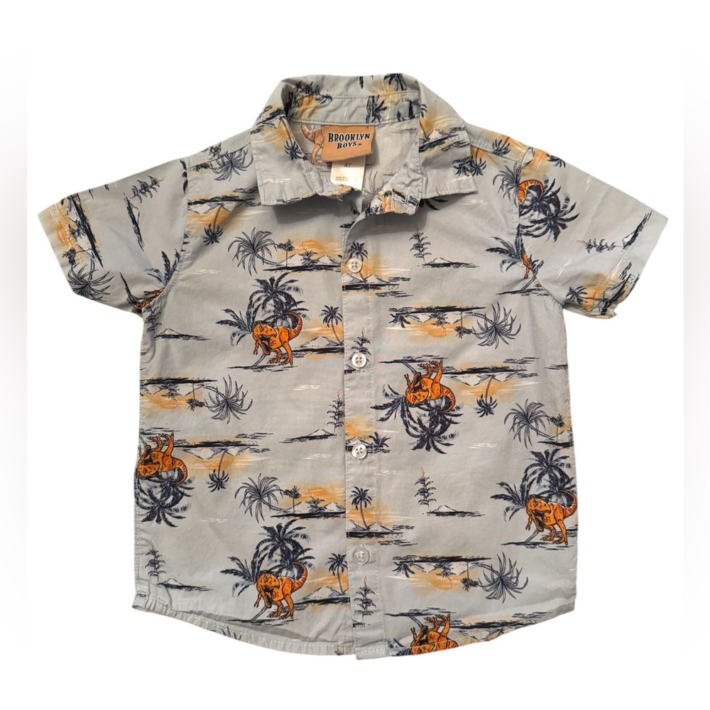 Brooklyn Boys Gray and Orange Tropical Dinosaur Shirt Size 4T Great Condition